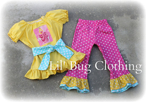 Sleeping Beauty Pant Peasant Top Teal Pink Yellow Polka Dots